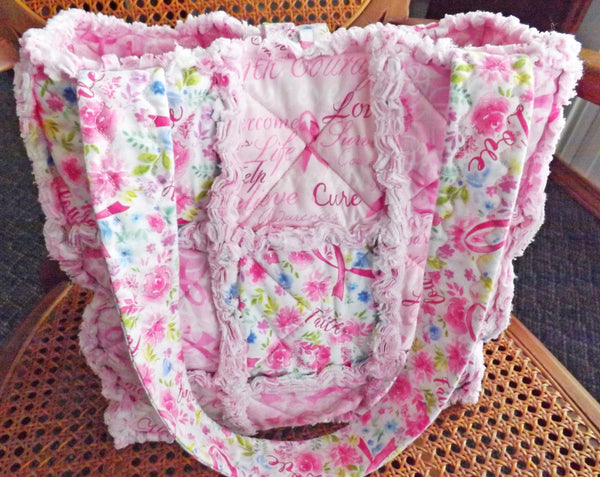 Pink Ribbon Rag Tote. Breast Cancer Awareness. Rag Quilt Tote. Gift for Breast Cancer Survivor. Tote Bag with Pockets