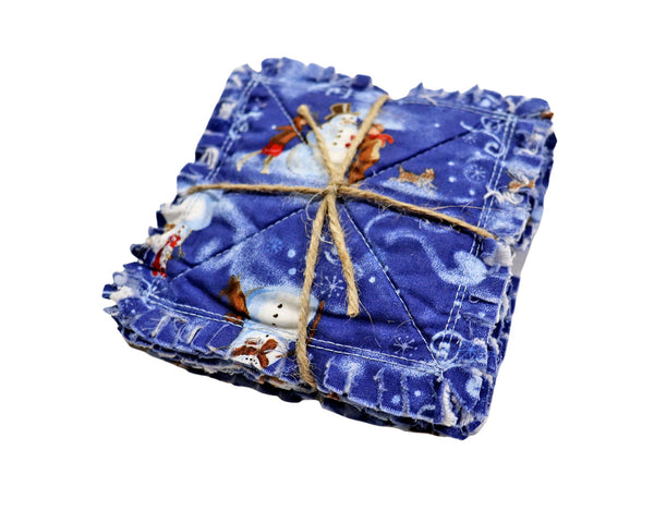 Blue Snowmen Rag Quilt Coaster Set. Set of 4.
