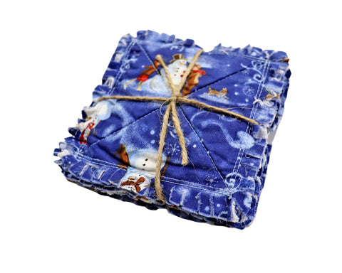 Blue Snowmen Rag Quilt Coaster Set. Set of 4.