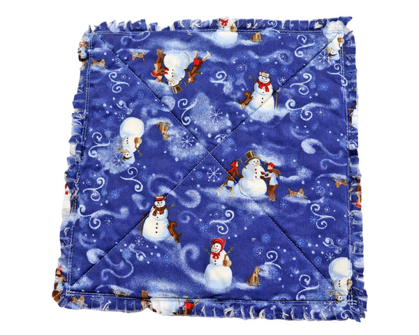 Blue Snowmen Rag Quilt Coaster Set. Set of 4.