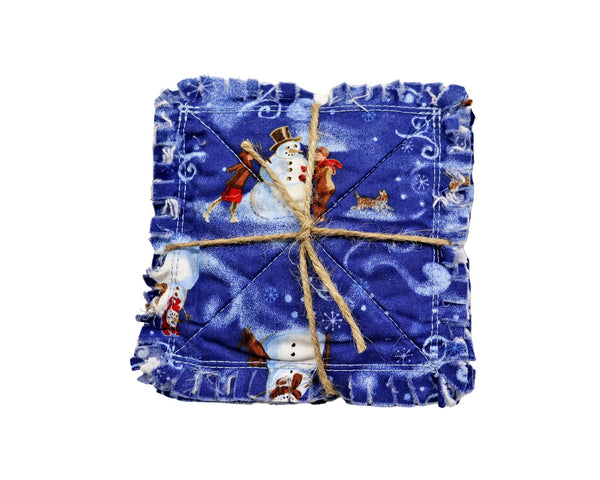 Blue Snowmen Rag Quilt Coaster Set. Set of 4.