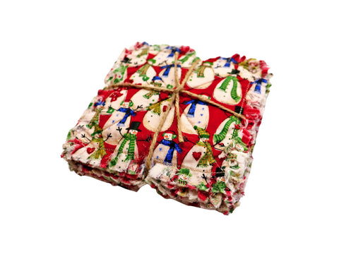 Retro Snowmen Rag Quilt Coaster Set. Set of 4.