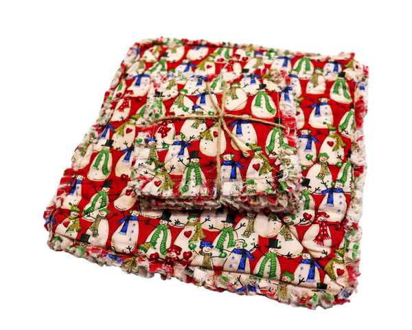 Retro Snowmen Rag Quilt Coaster Set. Set of 4.