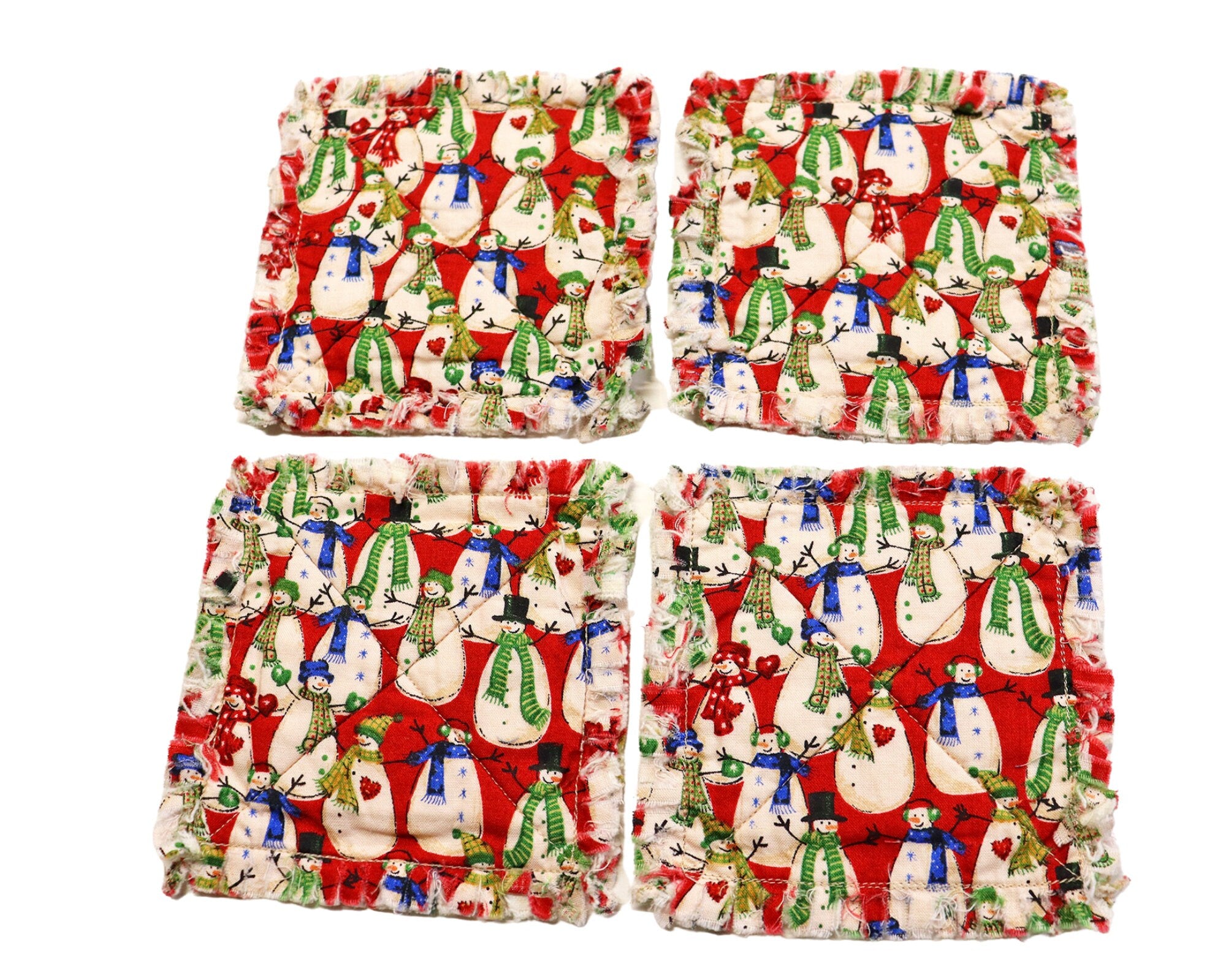 Retro Snowmen Rag Quilt Coaster Set. Set of 4.