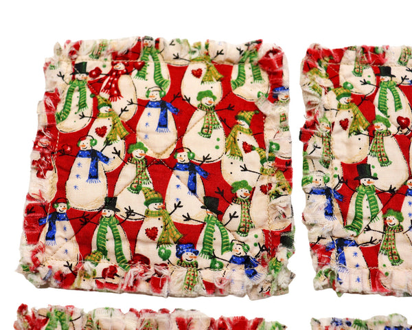 Retro Snowmen Rag Quilt Coaster Set. Set of 4.