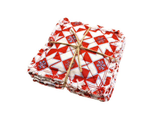 Christmas Red Rag Quilt Coaster Set. Set of 4.