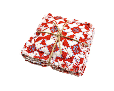 Christmas Red Rag Quilt Coaster Set. Set of 4.