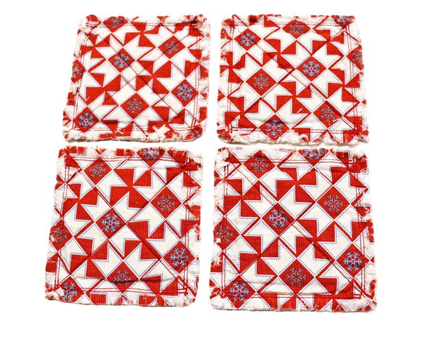 Christmas Red Rag Quilt Coaster Set. Set of 4.