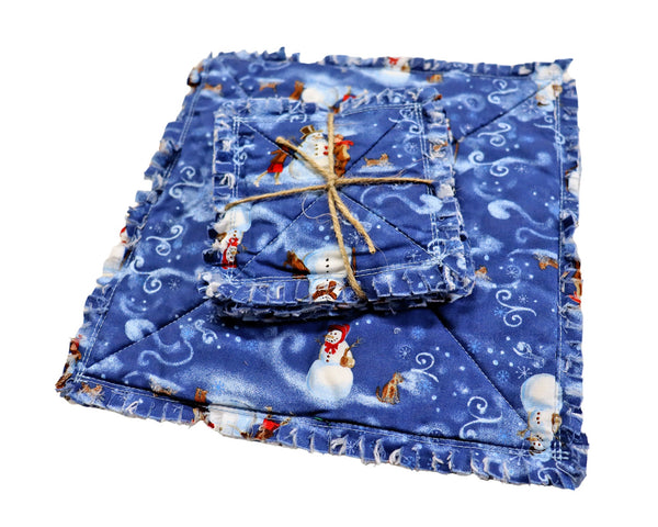 Blue Snowmen Rag Quilt Coaster Set. Set of 4.