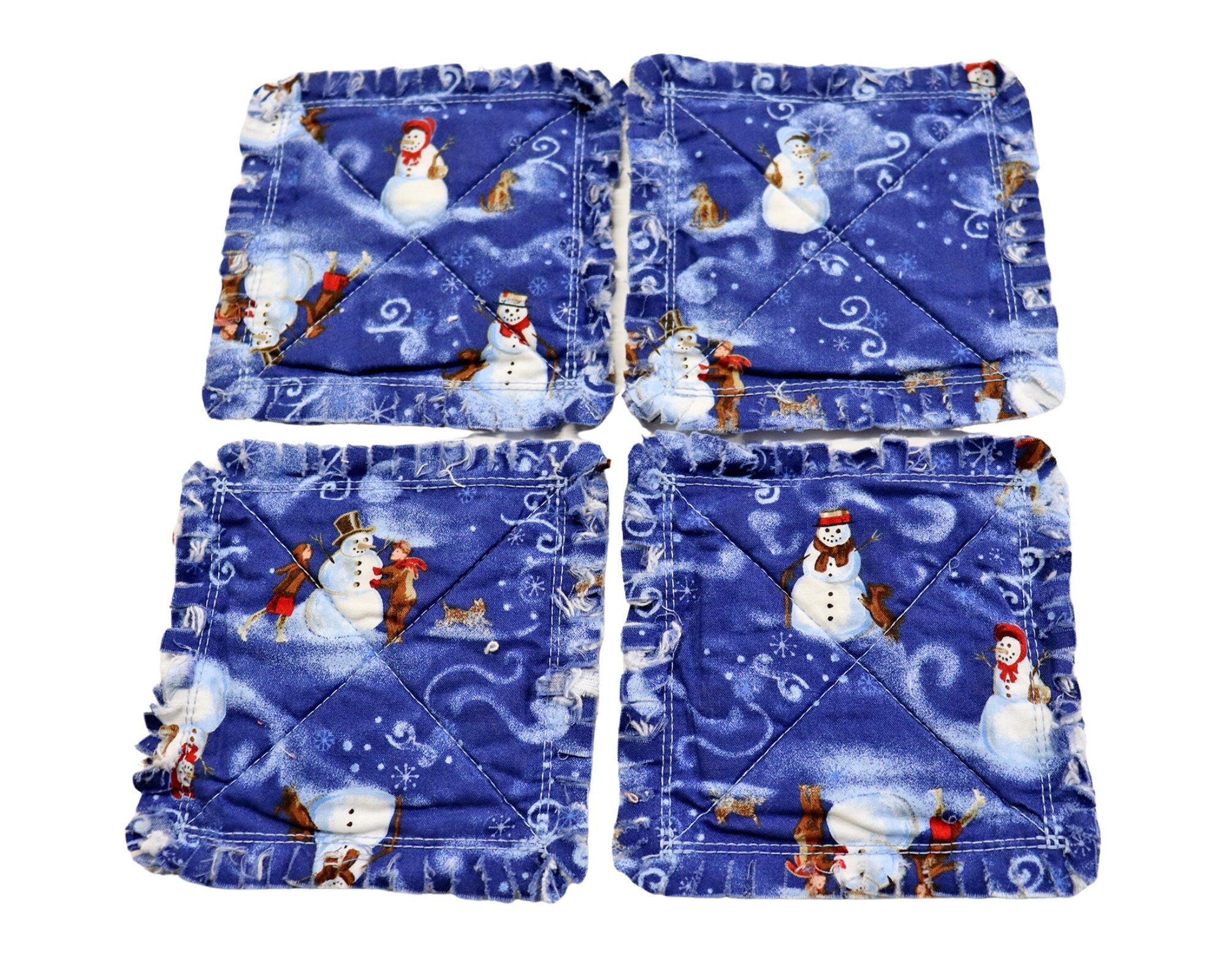 Blue Snowmen Rag Quilt Coaster Set. Set of 4.