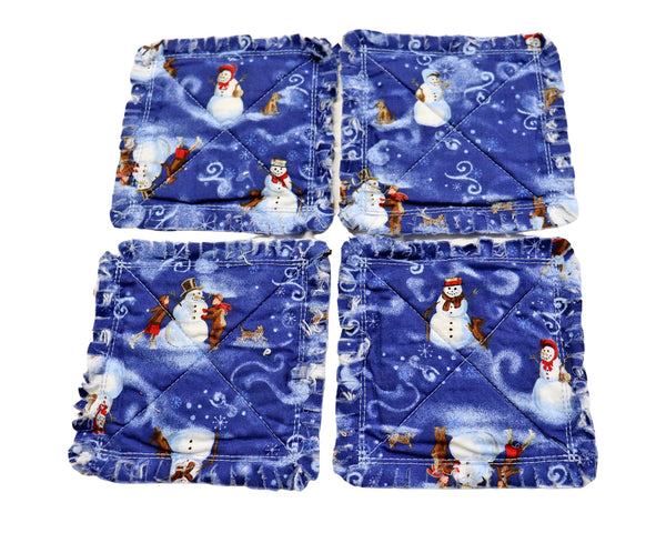 Blue Snowmen Rag Quilt Coaster Set. Set of 4.