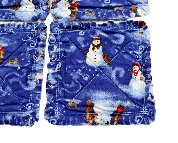 Blue Snowmen Rag Quilt Coaster Set. Set of 4.