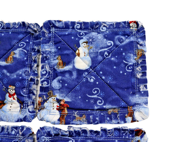 Blue Snowmen Rag Quilt Coaster Set. Set of 4.