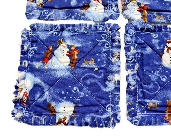 Blue Snowmen Rag Quilt Coaster Set. Set of 4.