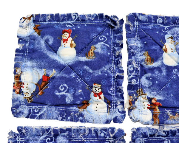 Blue Snowmen Rag Quilt Coaster Set. Set of 4.