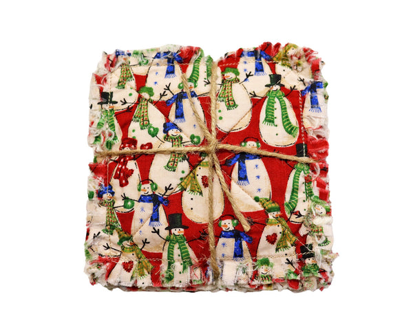 Retro Snowmen Rag Quilt Coaster Set. Set of 4.