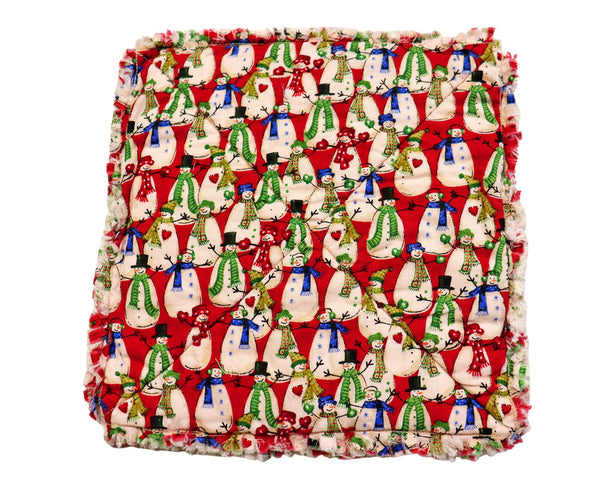 Retro Snowmen Rag Quilt Coaster Set. Set of 4.