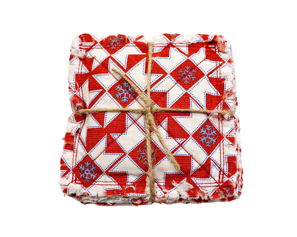 Christmas Red Rag Quilt Coaster Set. Set of 4.