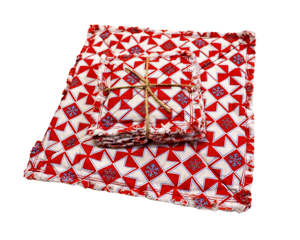 Christmas Red Rag Quilt Coaster Set. Set of 4.
