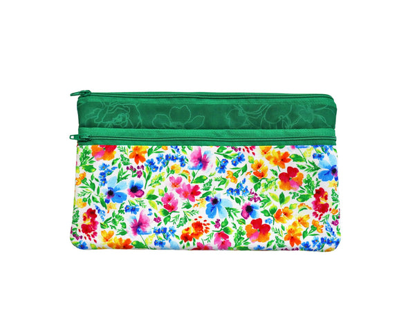 Bright Floral Double Zipper Pouch. Small or Large Bag. Green Cosmetic Bag for Her. Zipper Purse with Front Pocket. Gift for Mom.