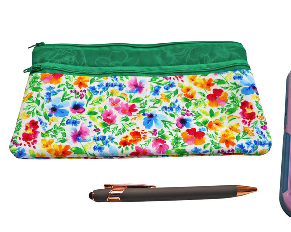 Bright Floral Double Zipper Pouch. Small or Large Bag. Green Cosmetic Bag for Her. Zipper Purse with Front Pocket. Gift for Mom.