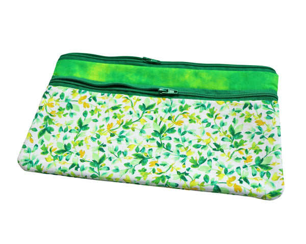 Green Vine Double Zipper Pouch. Small or Large Bag. Green Cosmetic Bag for Her. Zipper Purse with Front Pocket. Gift for Mom.