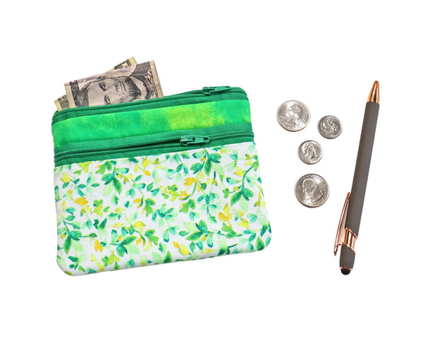 Green Vine Double Zipper Coin Bag