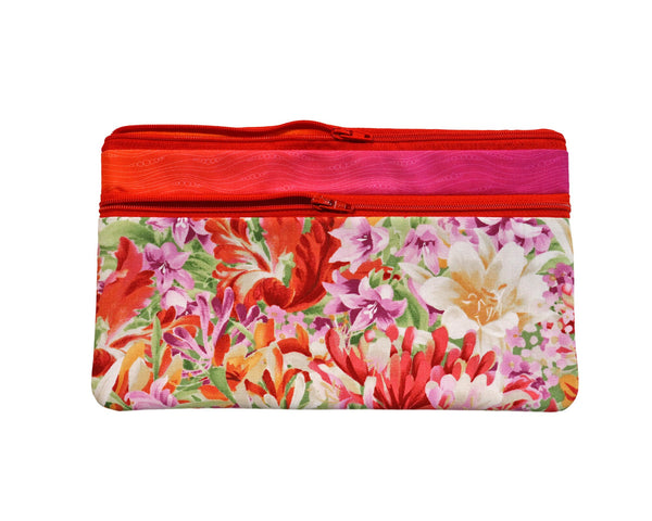 Double Zipper Pouch Garden Flowers. Small or Large Bag. Zipper Pouch for Her. Zipper Purse with Front Pocket. Gift for Mom.