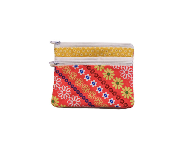 Double Zipper Coin Pouch Pink and Yellow Flowers. Zipper Purse with Front Pocket. Gift for Mom. Vacation Zip Bag.