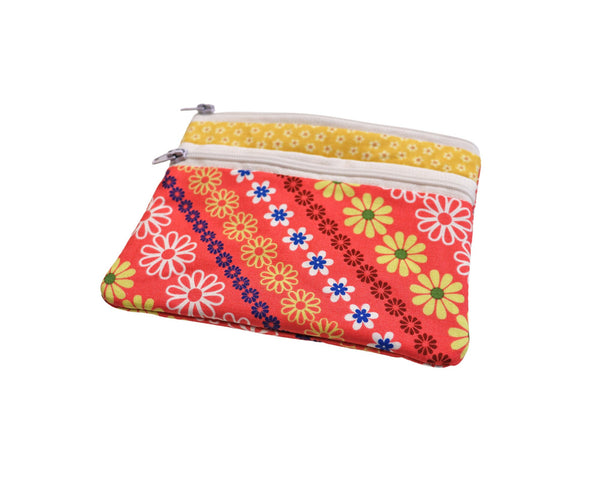 Double Zipper Coin Pouch Pink and Yellow Flowers. Zipper Purse with Front Pocket. Gift for Mom. Vacation Zip Bag.