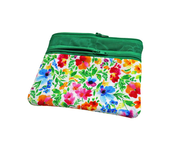 Bright Floral Double Zipper Pouch. Small or Large Bag. Green Cosmetic Bag for Her. Zipper Purse with Front Pocket. Gift for Mom.