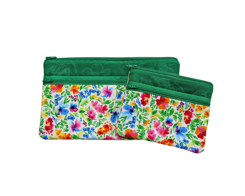 Bright Floral Double Zipper Pouch. Small or Large Bag. Green Cosmetic Bag for Her. Zipper Purse with Front Pocket. Gift for Mom.