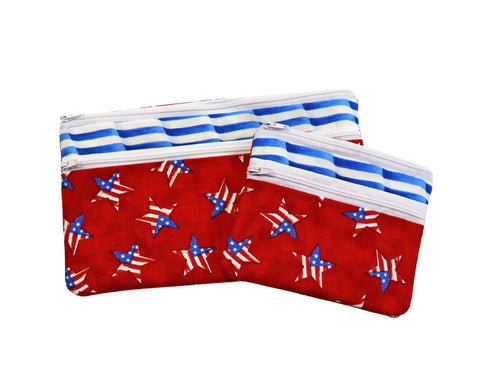 Double Zipper Pouch Patriotic . Small or Large Bag. Red White and Blue Cosmetic Bag for Her. Zipper Pouch with Front Pocket. Vacation Bag.