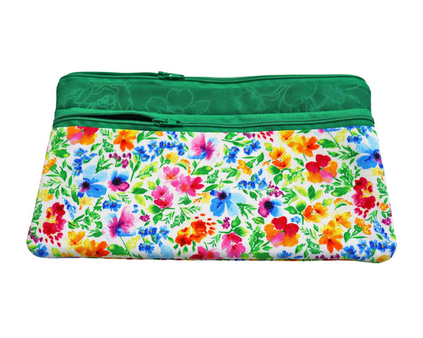 Bright Floral Double Zipper Pouch. Small or Large Bag. Green Cosmetic Bag for Her. Zipper Purse with Front Pocket. Gift for Mom.