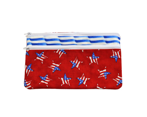 Patriotic Double Zipper Pouch: Red White Blue Cosmetic Bag