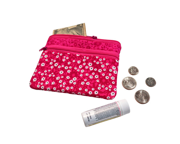 Pink Double Zipper Coin Bag. Red White and Blue Zipper Purse with Front Pocket. Gift for Mom. Vacation Zip Bag.