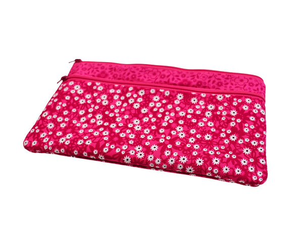 Pink Floral Double Zipper Pouch: Large Cosmetic Bag with Pocket
