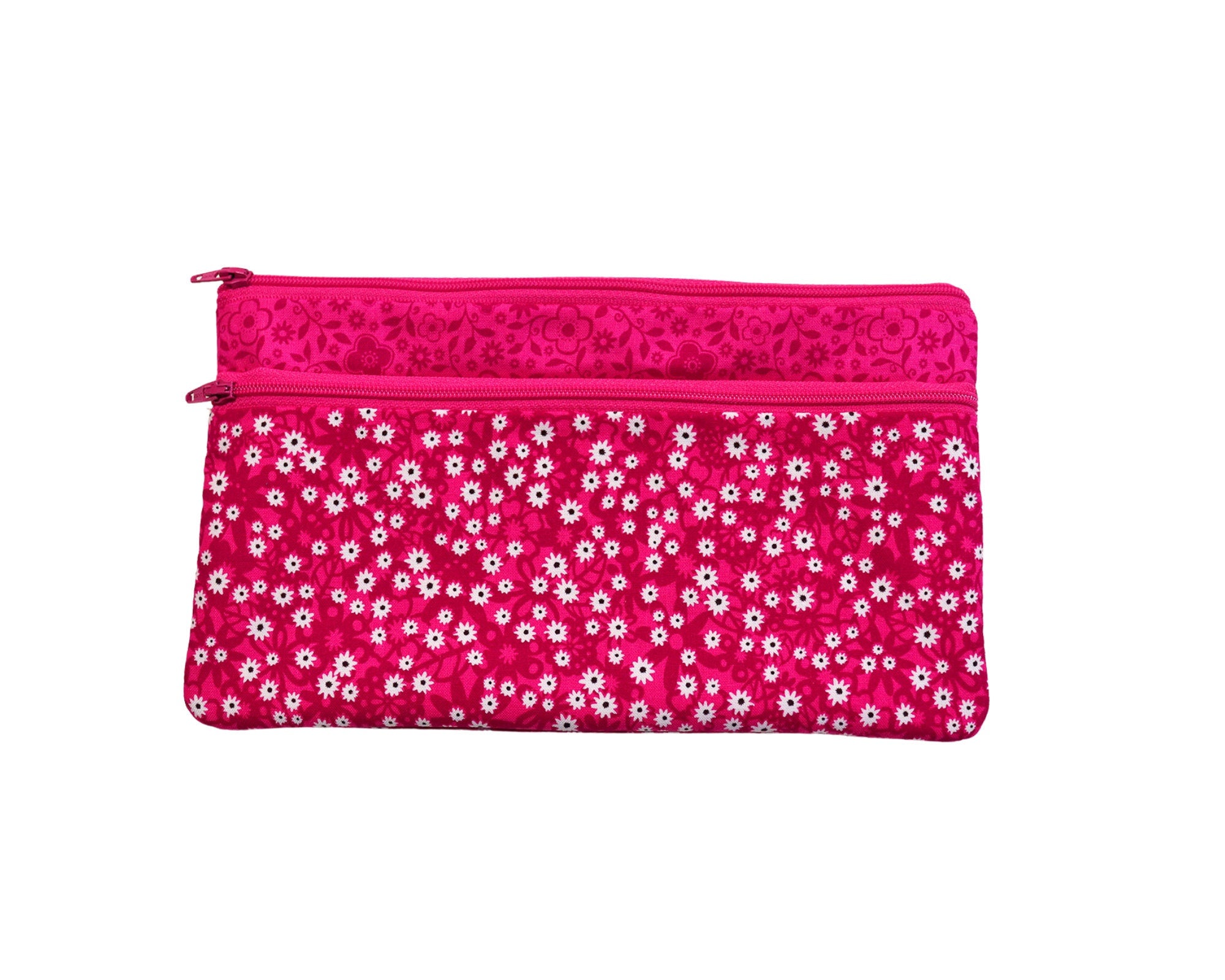 Pink Floral Double Zipper Pouch: Large Cosmetic Bag with Pocket