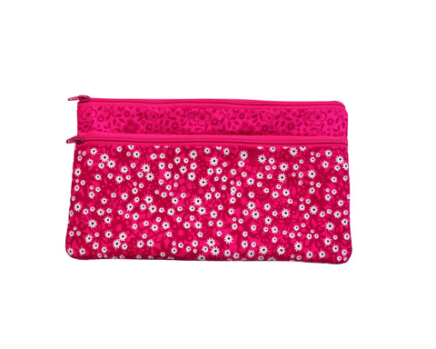 Pink Floral Double Zipper Pouch: Large Cosmetic Bag with Pocket