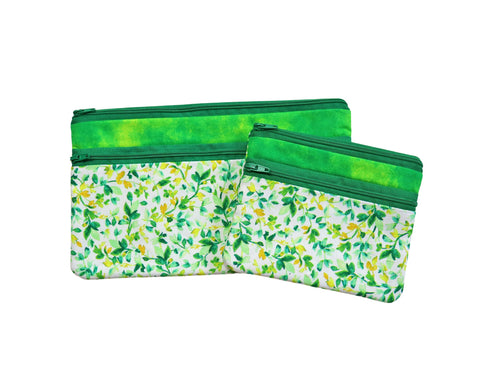 Green Vine Double Zipper Pouch. Small or Large Bag. Green Cosmetic Bag for Her. Zipper Purse with Front Pocket. Gift for Mom.