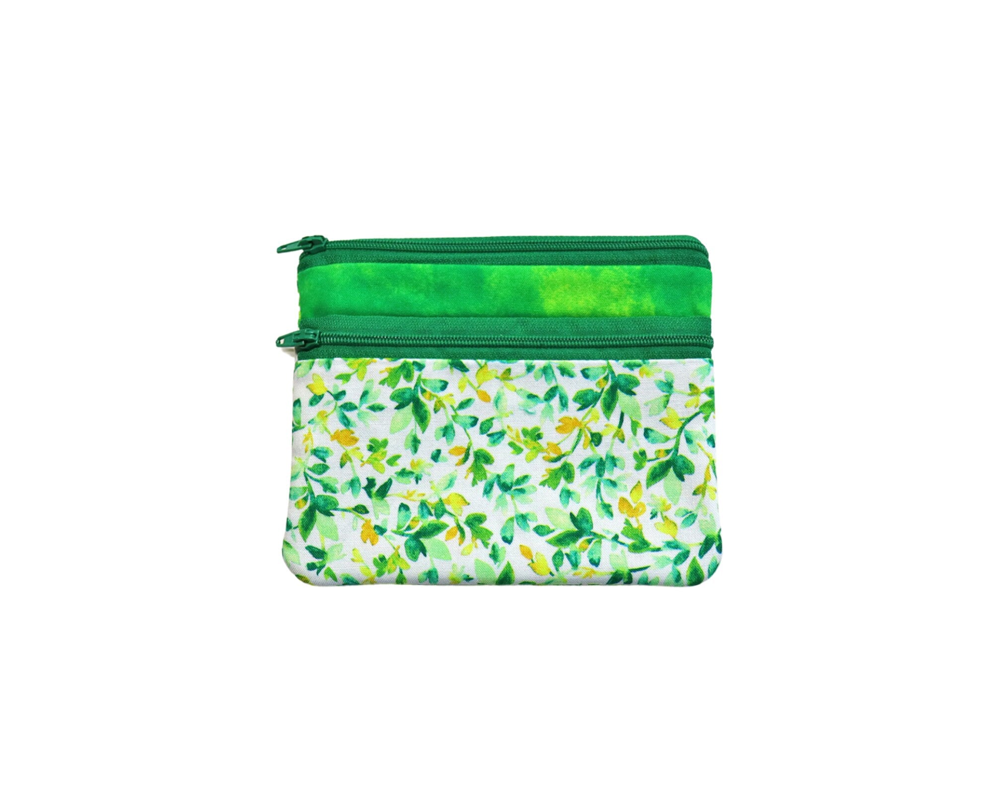 Green Vine Double Zipper Pouch. Small or Large Bag. Green Cosmetic Bag for Her. Zipper Purse with Front Pocket. Gift for Mom.