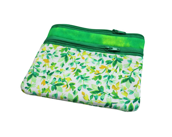 Green Vine Double Zipper Pouch. Small or Large Bag. Green Cosmetic Bag for Her. Zipper Purse with Front Pocket. Gift for Mom.