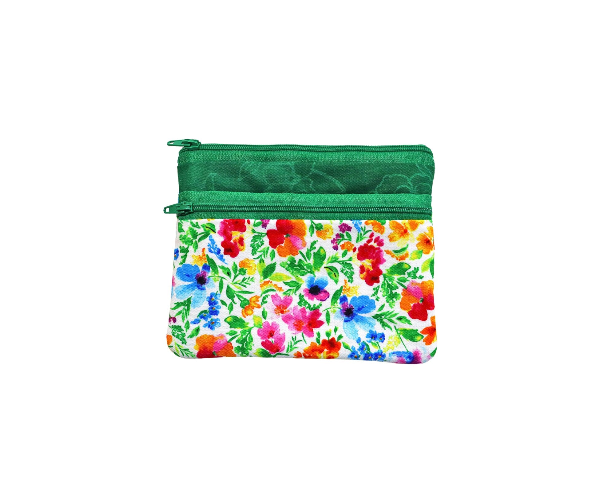 Bright Floral Double Zipper Pouch. Small or Large Bag. Green Cosmetic Bag for Her. Zipper Purse with Front Pocket. Gift for Mom.