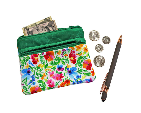 Bright Floral Double Zipper Pouch. Small or Large Bag. Green Cosmetic Bag for Her. Zipper Purse with Front Pocket. Gift for Mom.