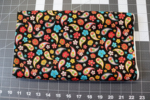2 yd Paisley Quilt Cotton Fabric: Colorful Floral on Black