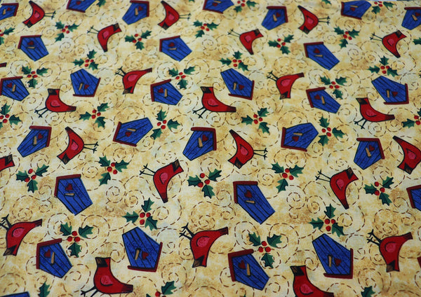 1 1/2 yd Birdhouses and Cardinal Christmas Cotton Fabric