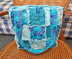 Cyan Blue Batik Rag Tote. Tropical Vacation Bag. Gift for Mom. Craft Tote. Gift for Her. Tote Bag with Pockets.