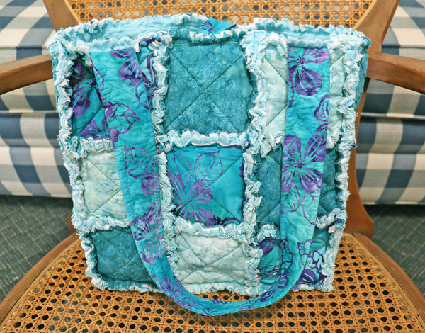 Cyan Blue Batik Rag Tote. Tropical Vacation Bag. Gift for Mom. Craft Tote. Gift for Her. Tote Bag with Pockets.