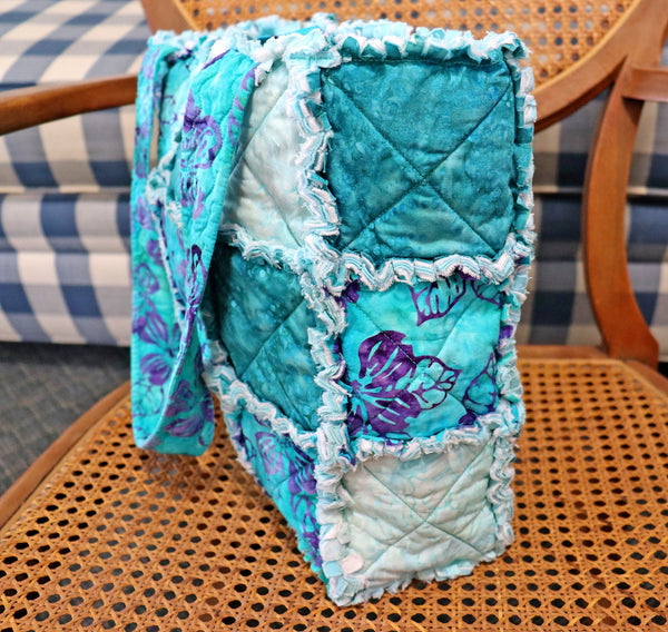 Cyan Blue Batik Rag Tote. Tropical Vacation Bag. Gift for Mom. Craft Tote. Gift for Her. Tote Bag with Pockets.