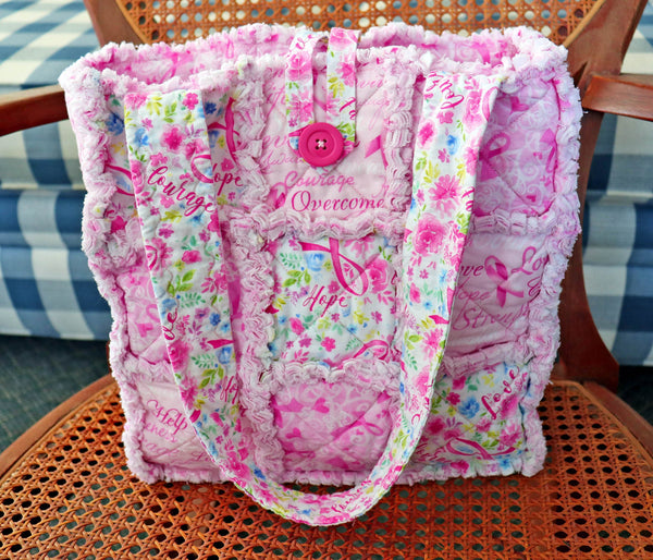 Pink Ribbon Rag Tote. Breast Cancer Awareness. Rag Quilt Tote. Gift for Breast Cancer Survivor. Tote Bag with Pockets